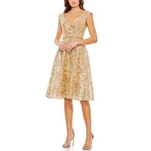 Mac Duggal 68012 Gold Sequin V-Neck Cap Sleeve Dress Size 8 NWT Short